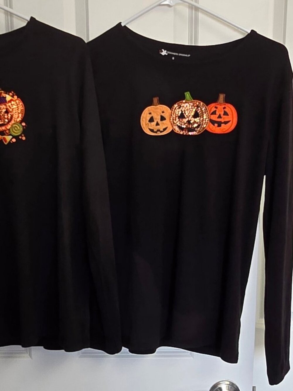 2 Halloween Shirts Womens S Black Long Sleeve Sequin Pumpkin Tops